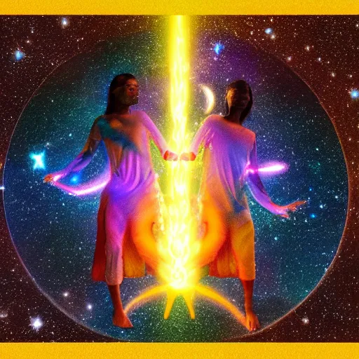 Image similar to the glowing human forms of pancha bhutas wielding their respective elements against a starry galaxy, with a small human silhouette prostrating in front of them, photorealistic render