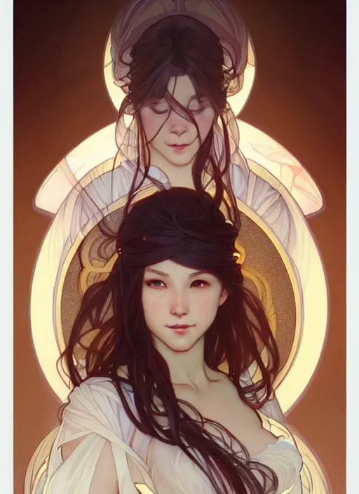 Prompt: digital character concept art by artgerm and greg rutkowski and alphonse mucha. clear portrait of a young wife blessed by god to uncontrollably become overwhelmingly perfect!! asian, fully clothed!!!, super feminine holy body!! light effect. hyper detailed, glowing lights!! intricate, elegant, digital painting, artstation, smooth, sharp focus