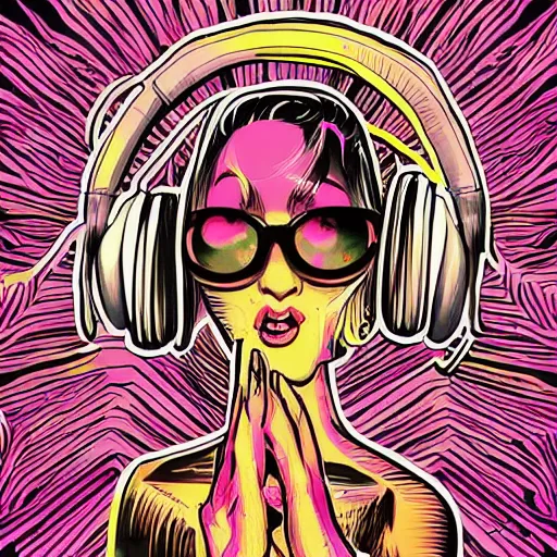 Image similar to artgerm, psychedelic laughing cronenberg horror, rocking out, headphones dj rave, digital artwork, r. crumb, svg vector