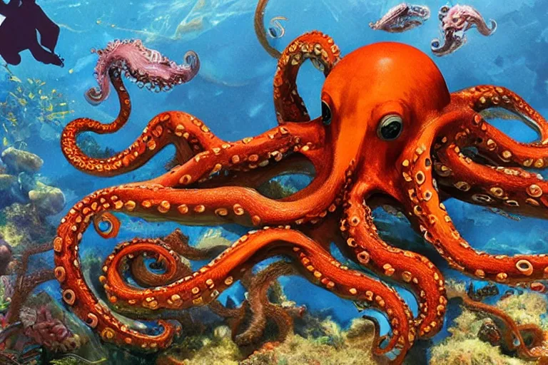 Image similar to giant <octopus>, high detail, long shot, epic out of water