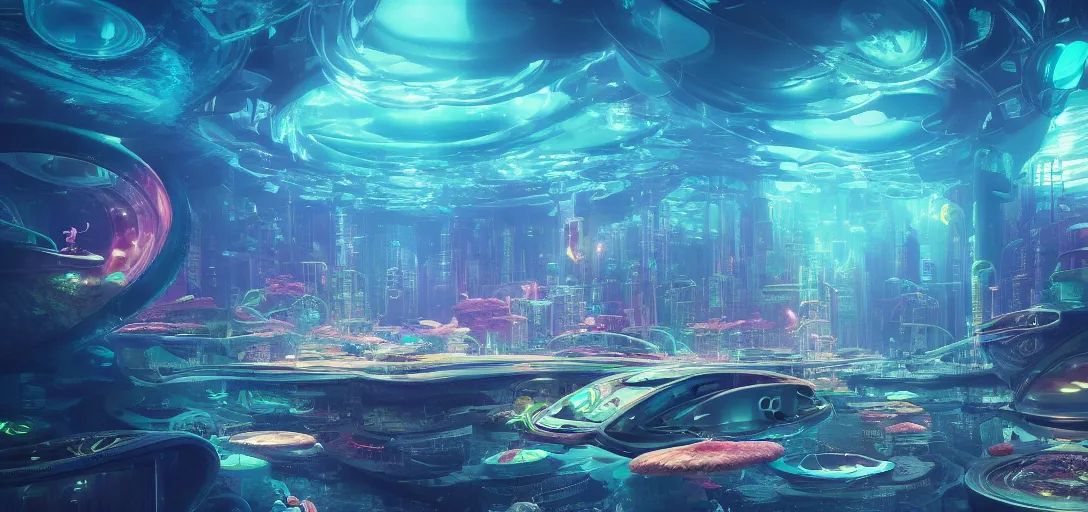 Prompt: beautiful view of an underwater futuristic neon city, caustics, water, dappled light, reflections, bubbles, refraction, symmetry, dramatic lighting, ultra detailed, sharp, ambient occlusion, bloom, raytracing, vibrant, vivid colors, picturesque, by dylan cole, sebastian meyer and jordan grimmer