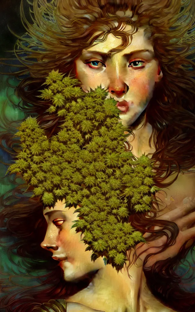 Prompt: epic scale cinematic character concept cinematic 4 k perfect focus closeup macro photography of a marijuana bud showing crystals and trichomes, densely packed buds of weed, high times photography by greg rutkowski alphonse mucha alex grey hr giger artgerm cgsociety artstation by greg rutkowski alphonse mucha android jones max chroma rule of thirds golden ratio