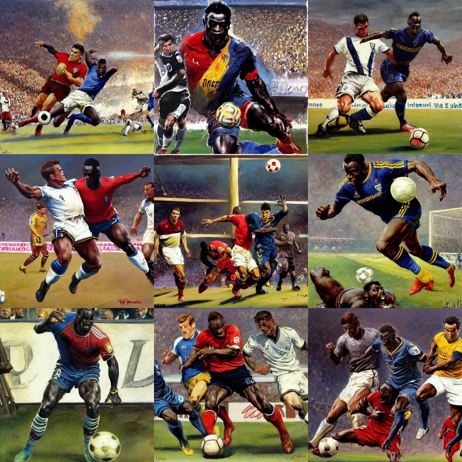 Prompt: mario balotelli blunder vs la galaxy 1 0 years ago painting by frank frazetta 4 k