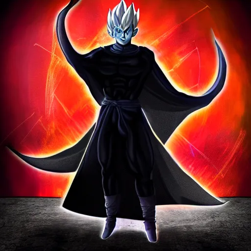 Image similar to Demon boy with Vegeta hair, mazoku, VFX, digital art, vantablack cloak