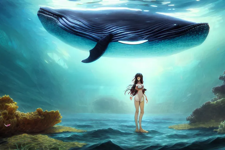 Image similar to a panorama distant view under the water, underwater world, anime art full body portrait character concept art, hyper detailed cg rendering of a cute girl and whale, elegant, highly detailed, digital painting, artstation, concept art, smooth, sharp focus, illustration, art by artgerm and greg rutkowski and alphonse mucha, 8 k