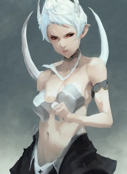 Image similar to concept art painting of a woman with brown skin and short white hair, demon horns, elf ears, full clothing, black clothes, blue robes, detailed, cel shaded, in the style of ruan jia and artgerm and makoto shinkai and james gurney