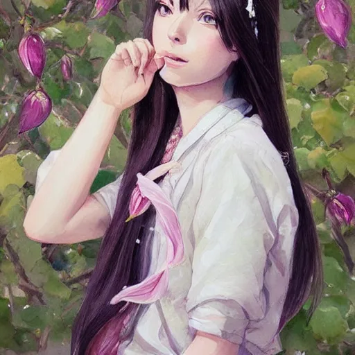 Image similar to a highly detailed portrait of sisters with purpure very very long hair, There are large snow-white peonies in the background, artstation, watercolor, highly detailed, portrait, by krenz cushart