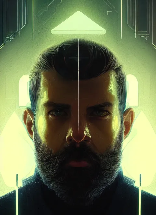 Prompt: symmetry!! portrait of bearded man, sci - fi -, cyberpunk, blade runner, glowing lights, tech, biotech, techwear!! intricate, elegant, highly detailed, digital painting, artstation, concept art, smooth, sharp focus, illustration, art by artgerm and greg rutkowski and alphonse mucha