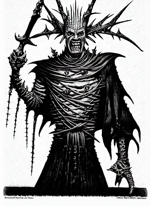 Image similar to the cenobite pinhead as a d & d monster, pen - and - ink illustration, etching, by russ nicholson, david a trampier, larry elmore, 1 9 8 1, hq scan, intricate details, high contrast