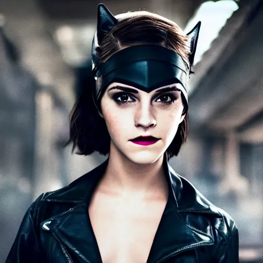 Image similar to Emma Watson as Catwoman, XF IQ4, 150MP, 50mm, f/1.4, ISO 200, 1/160s, natural light, Adobe Lightroom, photolab, Affinity Photo, PhotoDirector 365, filling the frame, rule of thirds, symmetrical balance, depth layering, polarizing filter