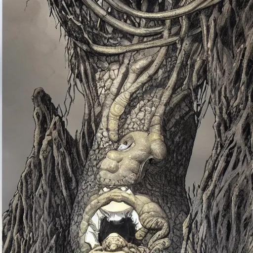 Image similar to by joao ruas jaunty carrot orange. a sculpture of a large, looming creature with a long, snake body. many large, sharp teeth, & eyes glow. wrapped around a large tree, bent under the weight. small figure in foreground, a sword, dwarfed by the size of the creature.