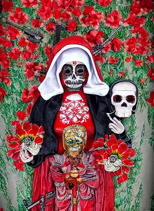 Prompt: masterpiece of Santa muerte with a book in her hand and surrounded by red and white flowers guns and ammunitions offered by devotees, no crop, digital visionary art, extremely high detail, post processed,