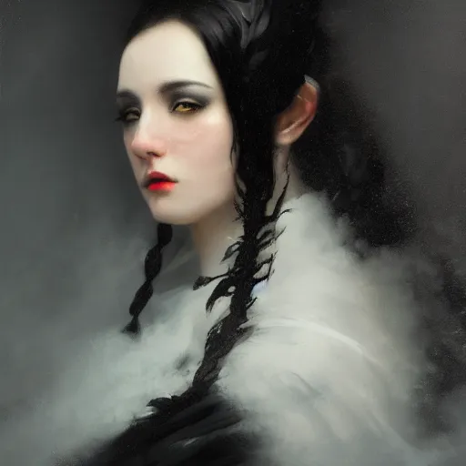 Image similar to furious dark haired women, cameraflash portrait by ivan ivan aivazovsky, greg rutkovski, wearing black coat, black makeup, ice mage, shooting ice, oil painting,, fantasy artwork, fantastic artwork, 4 k, trending on artstation