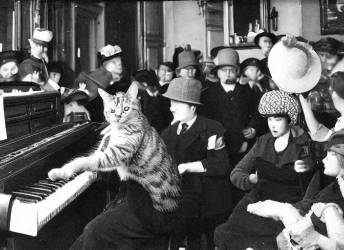 Prompt: a photo of a cat with a small round hat playing piano in a crowded pub, vintage photograph