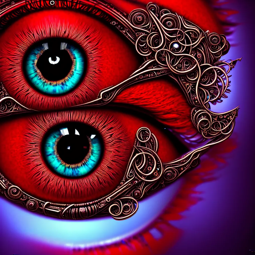 Prompt: Hypnotizing 3d iris of a cybernetic human eye, ornate, higly detailed, sharp focus, 4k, symmetry, in the style of noah bradley, red and teal color scheme, illuminati eye, illusion