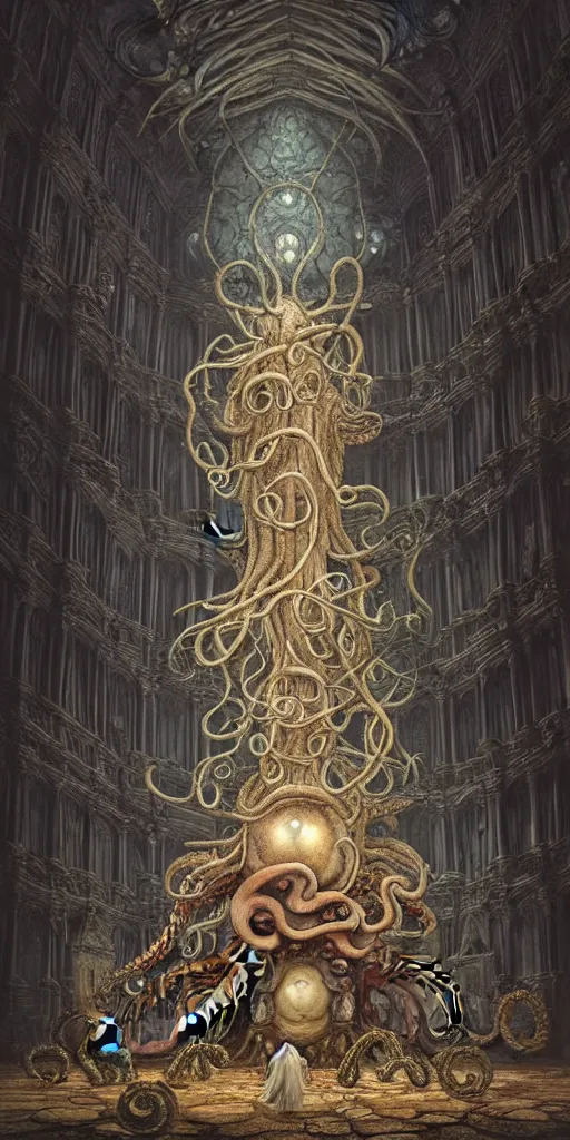 Prompt: group of mankind species mages with big octopus heads and a lot of small translucent jellyfishes floating around inside an ancient mage castle hall colossal scale, gothic and baroque, brutalist architecture, ultradetailed, Intricate by Ellen Jewett and Josan Gonzalez and Giuseppe Arcimboldo