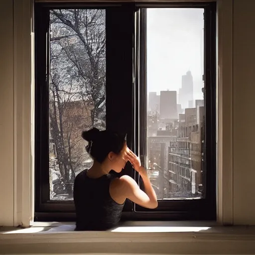 Image similar to “ a girl holding a cup of coffee looking out a window overlooking the east village in new york city, morning light, by gregory crewdson ”