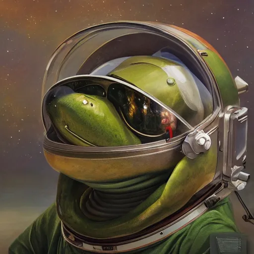 Image similar to long shot of a astronaut frog wearing an astronaut helmet, by esao andrews, by m. w. kaluta, beautiful oil painting, cinematic space scenery, small depth of field, depth perception, volumetric light, rich colors, 3 d octane render, 8 k, conceptart, hyperdetailed, hyperrealistic, trending on artstation