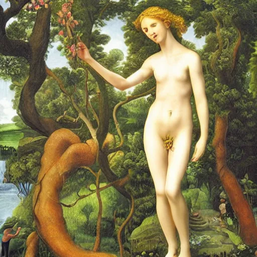 Prompt: young girl Eve in the Garden of Eden , blonde, barefoot