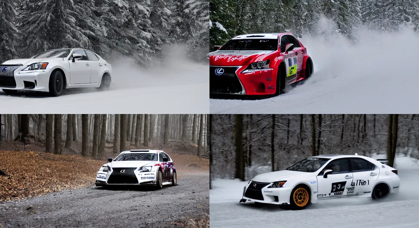 Prompt: a 2 0 1 3 lexus gs 3 5 0 f sport, racing through a rally stage in a snowy forest