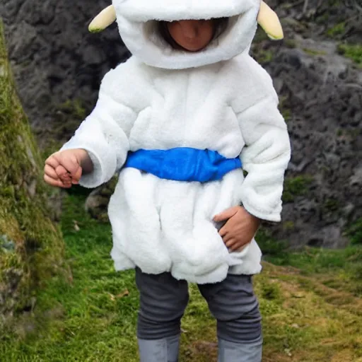 Image similar to little boy wearing sheep suit. white, gray, blue, green and brown pallet color. made in abyss art style, inspired in kris from deltarrune, cute detailed artwork, anatomically perfect