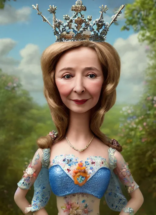 Image similar to closeup face profile portrait of tin toy felicity kendal as a fairytale princess wearing a crown eating cakes, bikini, depth of field, zeiss lens, detailed, symmetrical, centered, fashion photoshoot, by nicoletta ceccoli, mark ryden, lostfish, breathtaking, 8 k resolution, extremely detailed, beautiful, establishing shot, artistic, hyperrealistic, octane render