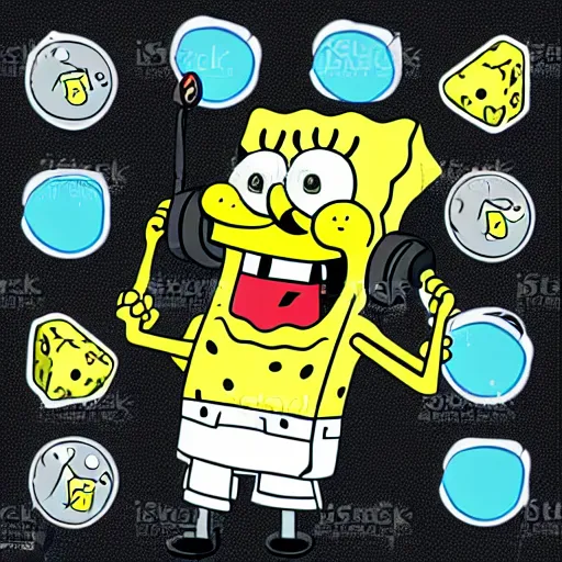 Image similar to a spongebob-squarepants, svg sticker, vector art, wearing headphones, jamming to music