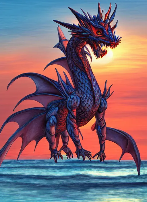 Prompt: a humanoid dragon sitting on the beach, sunrise. digital art