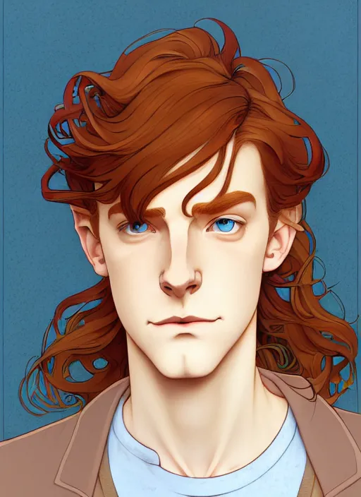 Prompt: well - lit art nouveau portrait of a young man with straight auburn hair, pale skin, freckles, light blue eyes, sad expression, casual clothes, natural lighting, path traced, highly detailed, high quality, cartoon, digital painting, by don bluth and ross tran and studio ghibli and alphonse mucha