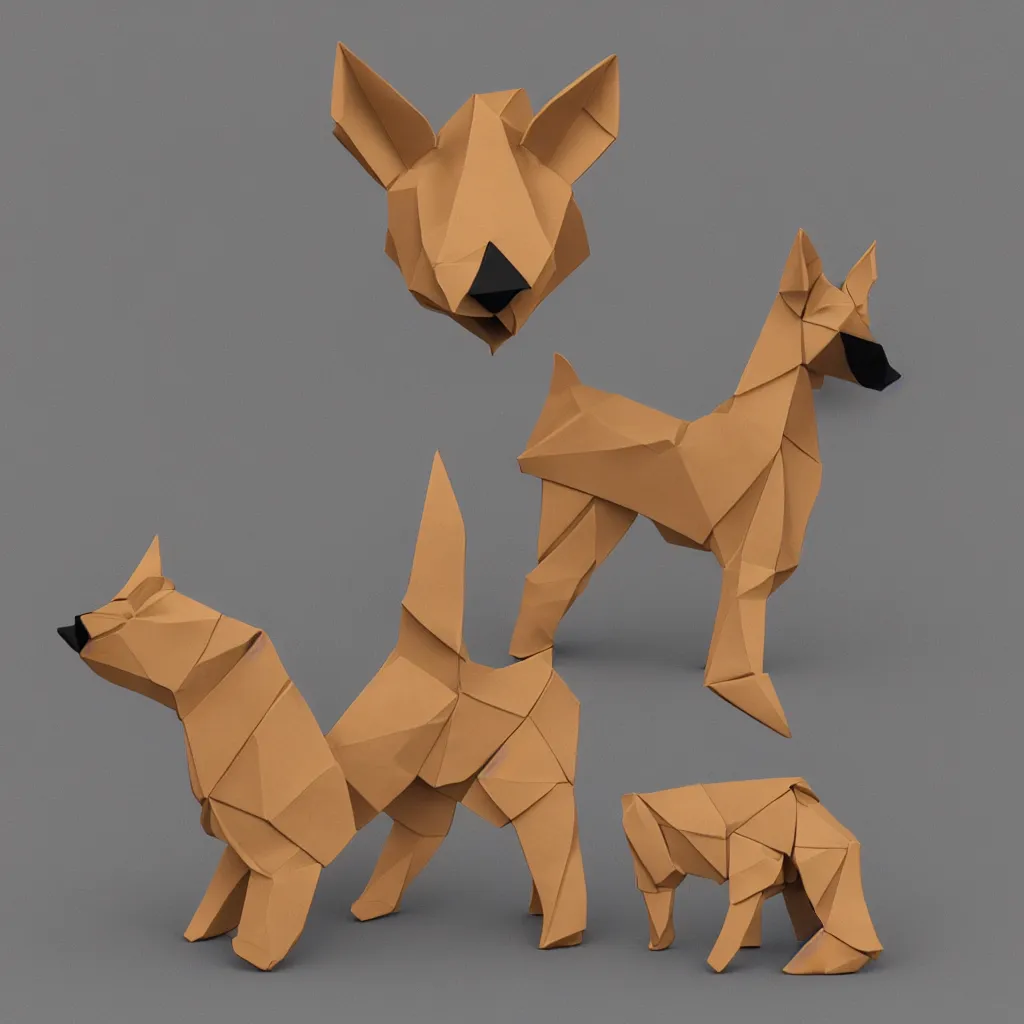 Prompt: 3 d rendering of japanese cardboard origami of simplified shape of german shepherd, 2 d image, trending on artstation