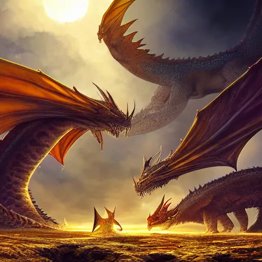 Image similar to family of dragons living in a base on the surface of the sun, digital art, highly detailed, epic composition, wide angle, cinematic lighting