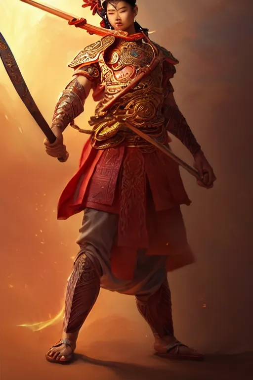 Image similar to handsome nezha, highly detailed, man holding spear, flame everywhere, epic pose, masterpiece chinese fantasy character portrait, highly detailed, digital painting, trending on artstation, concept art, sharp focus, illustration, global illumination, ray tracing, realistic shaded, art by artgerm and greg rutkowski and fuji choko and viktoria gavrilenko and hoang lap