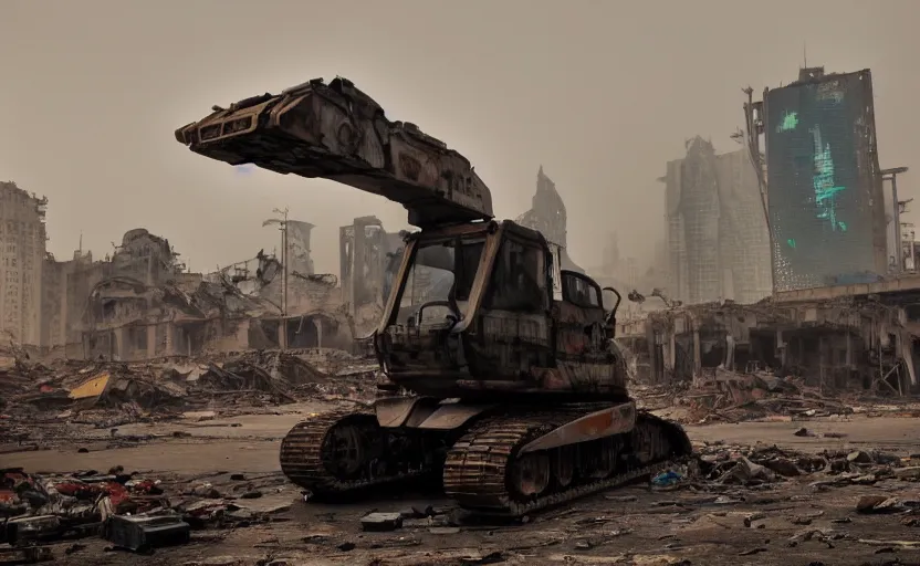 Prompt: an immense derelict earth mover with multiple cabs with tank turret and demolition ball in front of a demolished building, dystopian, imax, foggy and dusty cyberpunk aesthetic