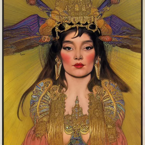 Prompt: portrait of a Chibcha gold goddess by Kowalski and Heckel and Ríos and Rutkowski and Mucha and Brom and Miller and Botero and Dalí and El Greco and Kalho