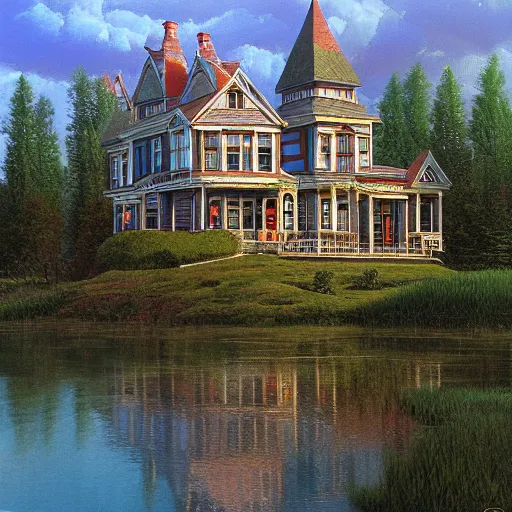 Image similar to Victorian mansion in rural Maine, a lake behind it, Michael Whelan, artstation, Darrell K Sweet, concept art