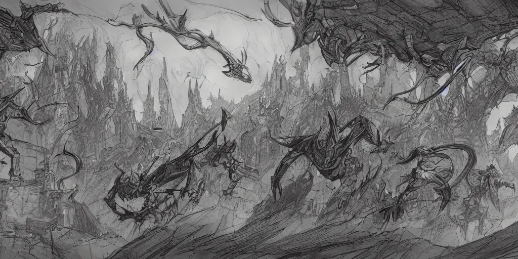 Image similar to concept artwork for a fantasy world, drawn by luke adam hawker, sketches, pencil drawings, ink and pen.