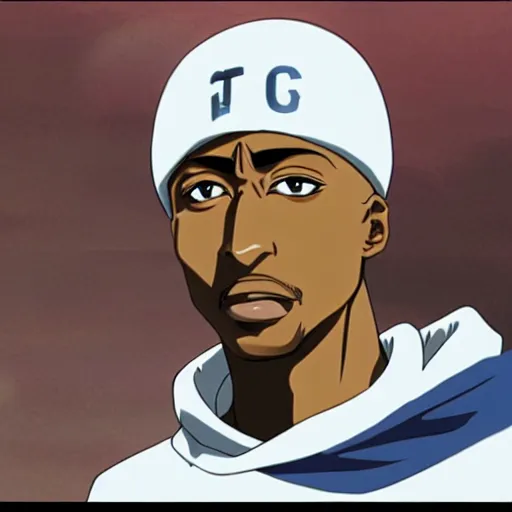 Image similar to Tupac Shakur, screenshot from a 2012s anime