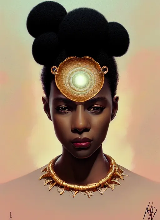 Prompt: portrait of young black woman with afro puffs, afro - futurist style, intricate, elegant gleaming jewelry, angelic halo, highly detailed, digital painting, artstation, concept art, smooth, sharp focus, illustration, art by wlop, mars ravelo and greg rutkowski