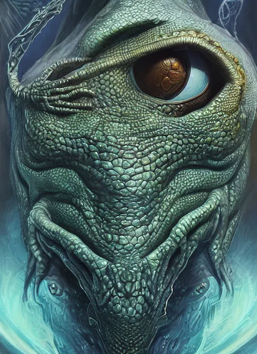 Image similar to aquatic mf doom reptile eyes, blue glowing skin. intricate, elegant, highly detailed, centered, digital painting, artstation, concept art, smooth, sharp focus, illustration, artgerm, tomasz alen kopera, peter mohrbacher, donato giancola, joseph christian leyendecker, wlop, frank frazetta