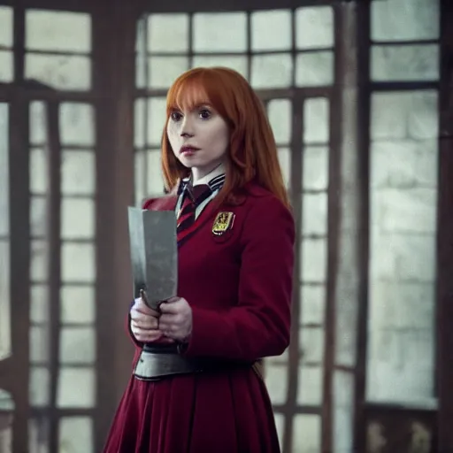 Image similar to A still of Karen Gillian starring as Hermione Granger in her Gryffindor uniform