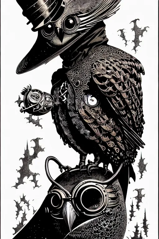 Image similar to side view of majestic steampunk anthropomorphic owl alchemist cloaked wizard, high details, bold line art, by vincent di fate and joe fenton, inking, etching, screen print, masterpiece, trending on artstation, sharp, high contrast, hyper - detailed,, hd, 4 k, 8 k