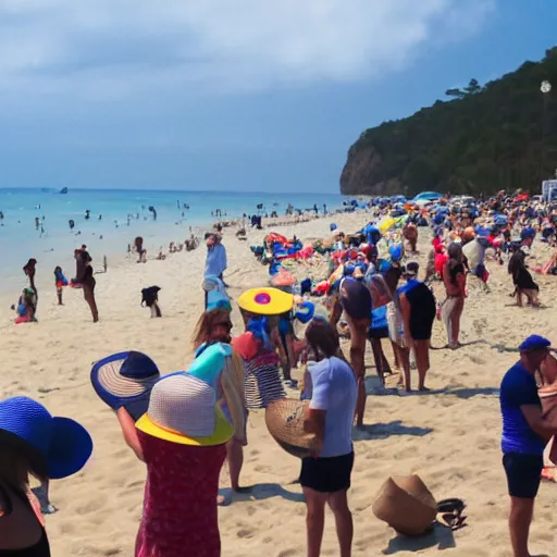 Prompt: photo of alot of people selling hats in the beach, 8K