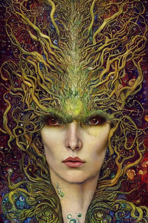 Prompt: Nature by Karol Bak, Jean Deville, Gustav Klimt, and Vincent Van Gogh, transformational chimera portrait, visionary, hair made of trees, verdant, life, botanicals, otherworldly, fractal structures, ornate gilded medieval icon, third eye, spirals