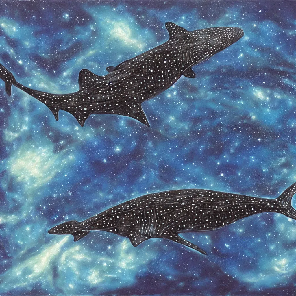 Image similar to oil painting of a whale shark flying in front of a swirling galaxy, shimmering stars, milky way