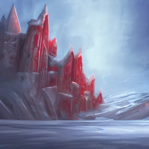 Prompt: Freelance illustration by Erica Rossi of a immense red citadel resting on an immense sheet of ice. December. Hue breaking and color management, concept art.