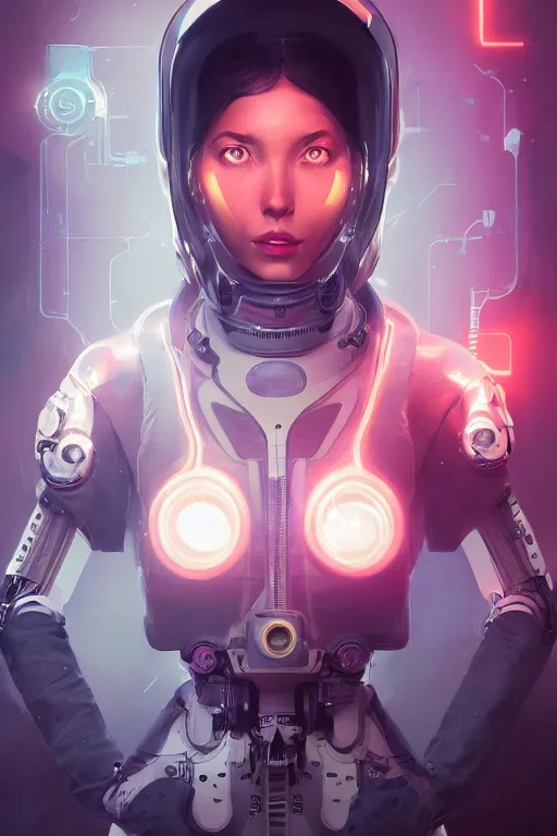 Prompt: portrait of a futuristic cosmonaut girl with biomechanical parts by Artgerm and Greg Rutkowski , néon light, digital painting, highly detailed, trending on artstation