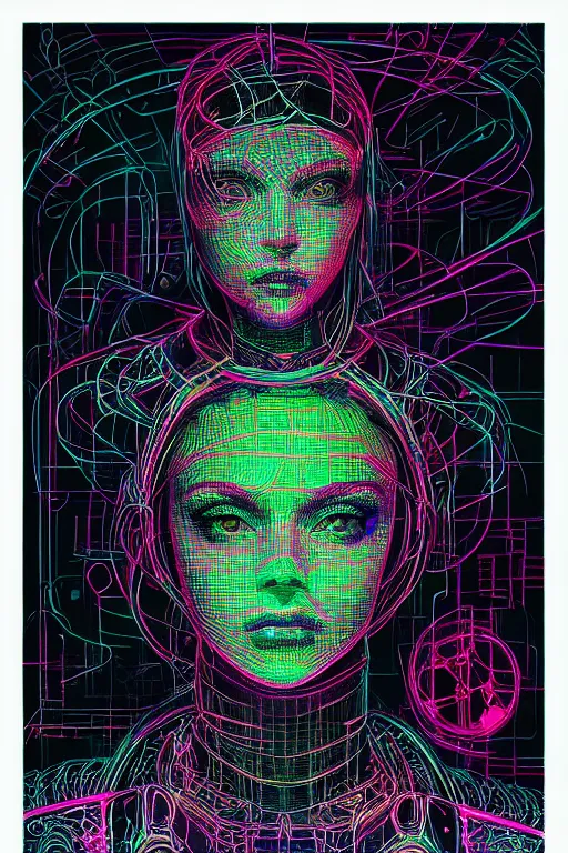 Prompt: dreamy cyberpunk girl, neon leather, detailed acrylic, wireframe fractals, intricate complexity, by dan mumford and by alberto giacometti, peter lindbergh