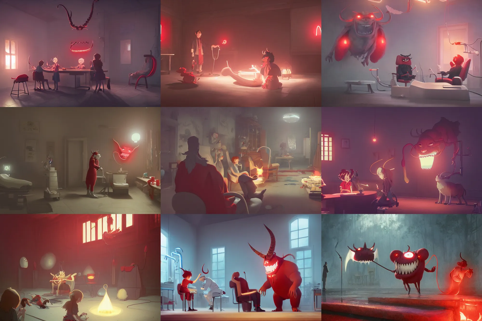 Prompt: a wholesome illustration of a dentist appointment for demons with red color horns and fangs, studio Ghibli, Pixar and Disney animation, sharp, Rendered in Redshift and Unreal Engine 5 by Greg Rutkowski, Bloom, dramatic lighting