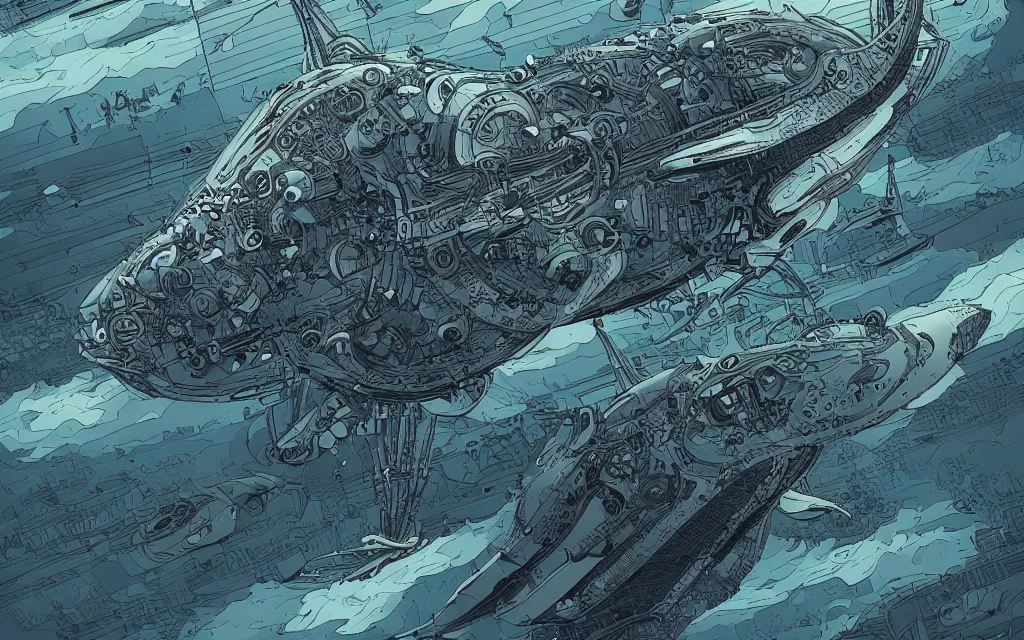 Image similar to biomechanical flying whale, in the style of james jean and laurie greasley, dynamic composition, dramatic lighting, ultra detailed, nitro colors