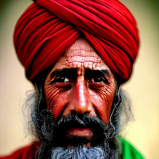 Prompt: portrait of woodrow wilson as afghan man, green eyes and red turban looking intently, photograph by steve mccurry